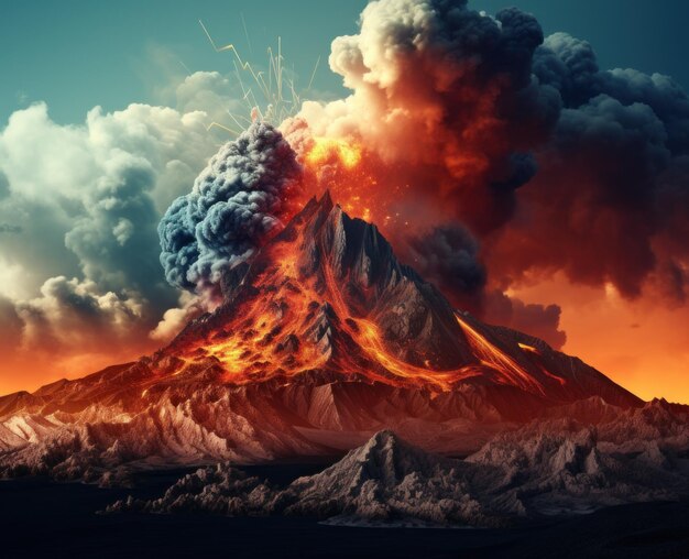 un volcán con lava y nubes