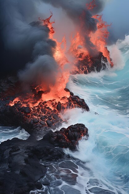 Foto un volcán con lava que fluye de él