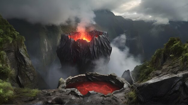 Foto un volcán con una lava roja caliente en el medio