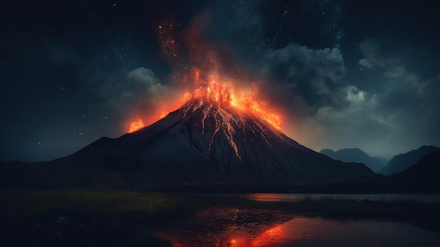 Un volcán con una montaña al fondo.
