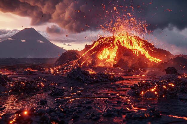 Foto un volcán con una montaña en el fondo