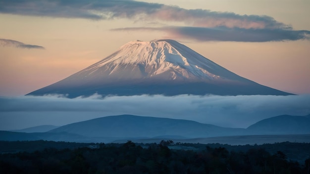 Volcán con niebla al atardecer