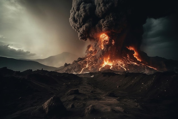 Un volcán con una nube de humo y un cielo oscuro