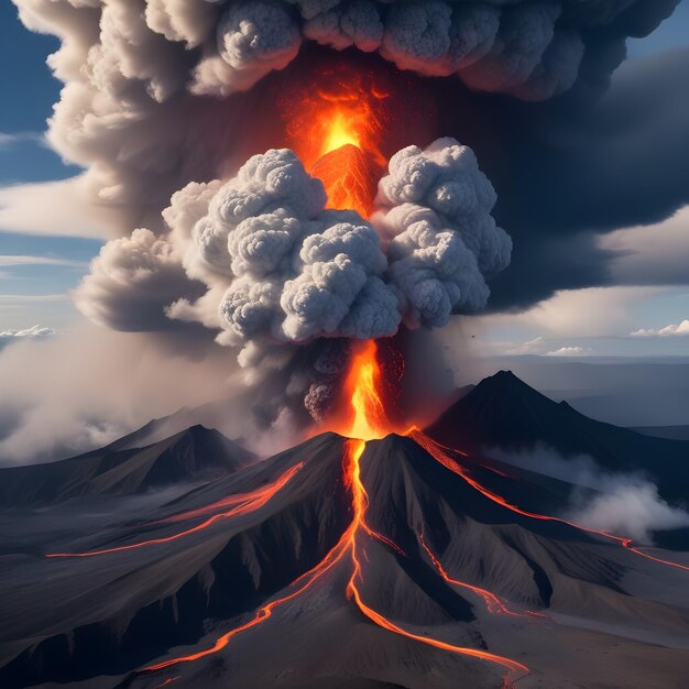 Foto un volcán con una nube de lava saliendo de él