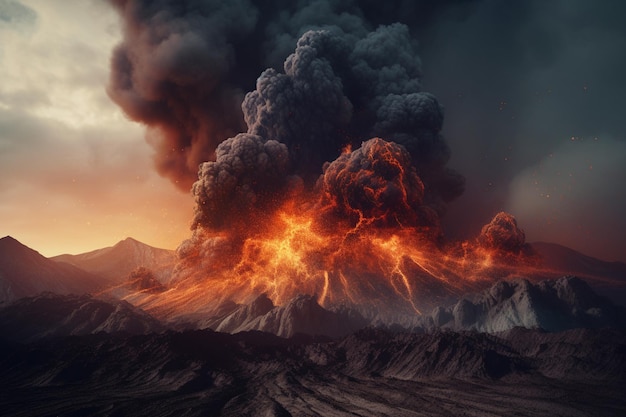 Un volcán con una nube negra de humo y un volcán al fondo