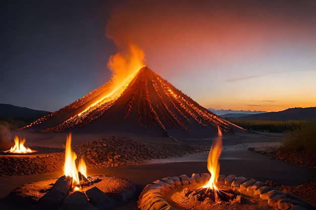 un volcán con una puesta de sol en el fondo