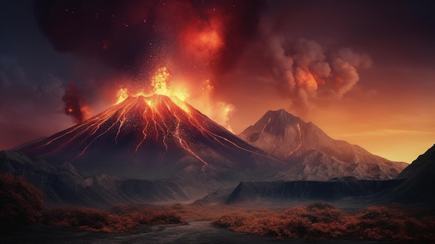 Un volcán con un resplandor rojo y un fondo blanco y negro.