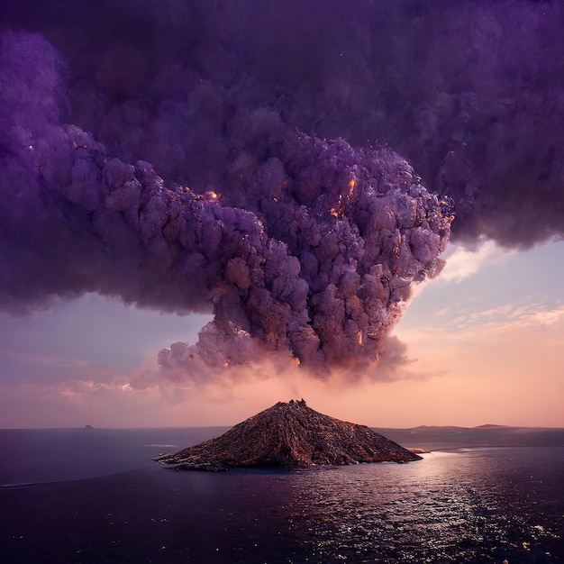 volcán santorini con cielo morado, ultra realista