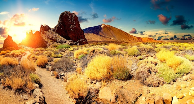 Volcán Teide en la isla canaria.Parque Nacional de Tenerife.Paisaje volcánico natural.Hito en España.