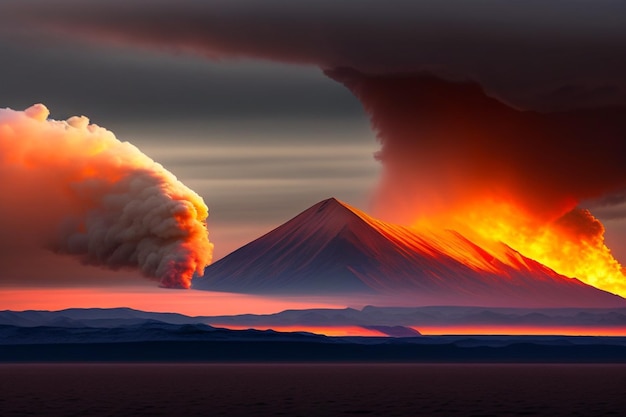 Un volcán con un volcán al fondo.