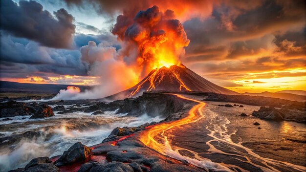 un volcán con un volcán en el fondo