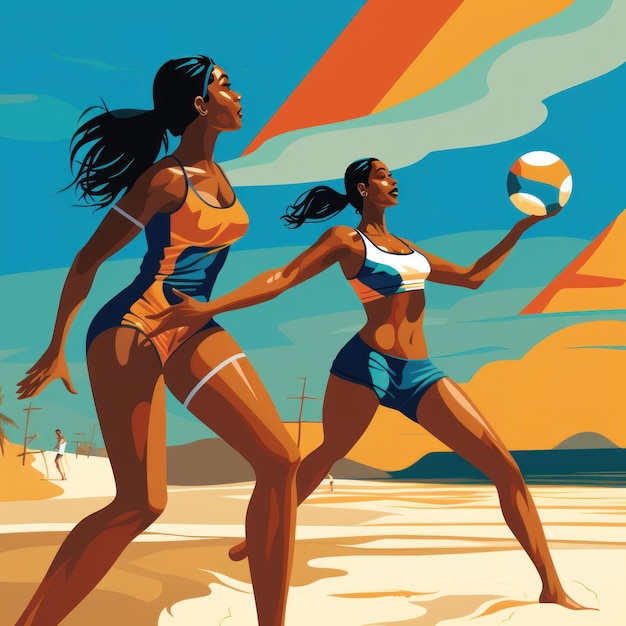 Voleibol de playa dos mujeres jugando voleibol en la arena y el sol de verano Fitness diversidad y deportes de vacaciones en Brasil Bikini de voleibol y un juego de pelota en el mar