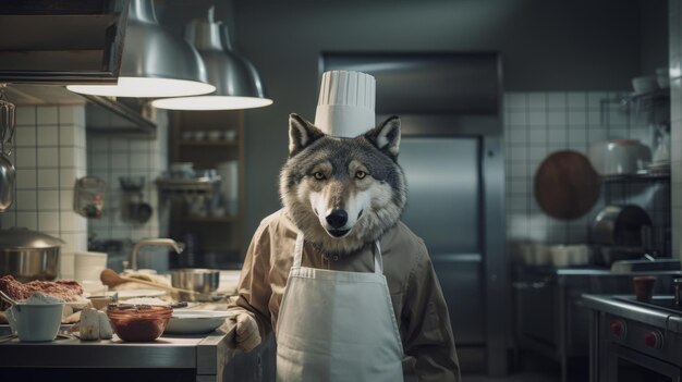 Volf-Koch kocht beim Zubereiten von Speisen in der Restaurantküche. Tierkoch