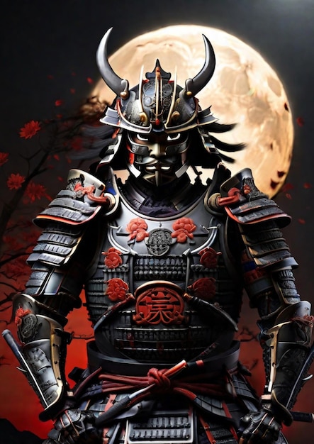 Voll gepanzerter Samurai mit einem in seiner Rüstung geschnitzten Vollmondhintergrund