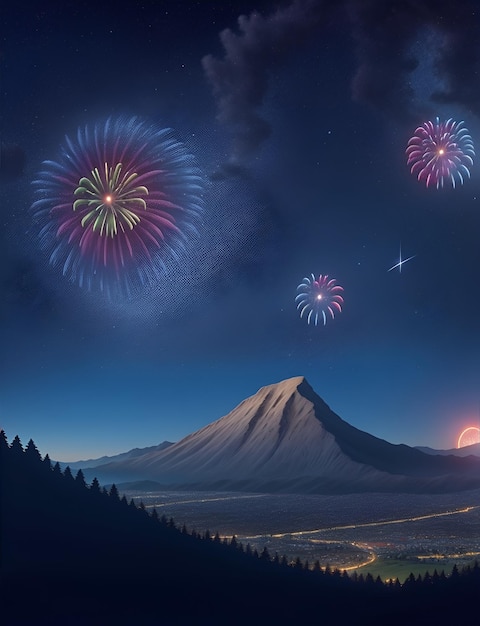 Vollblick Feuerwerk Star Night Und Blick auf den Berg Halbmond und wunderschöne 4K