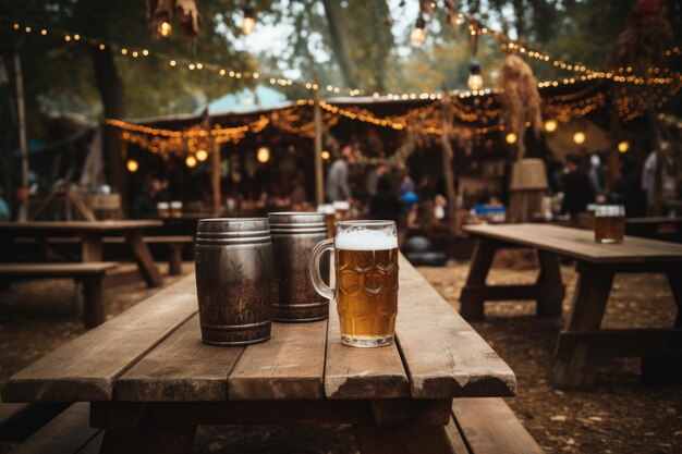 Foto volle bierkrüge auf rustikalen festtafeln