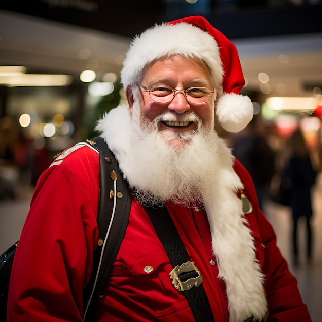 volle Figur glücklicher lächelnder Weihnachtsmann spät abends weihnachtsgeschäfte in einem skandinavischen Einkaufszentrum