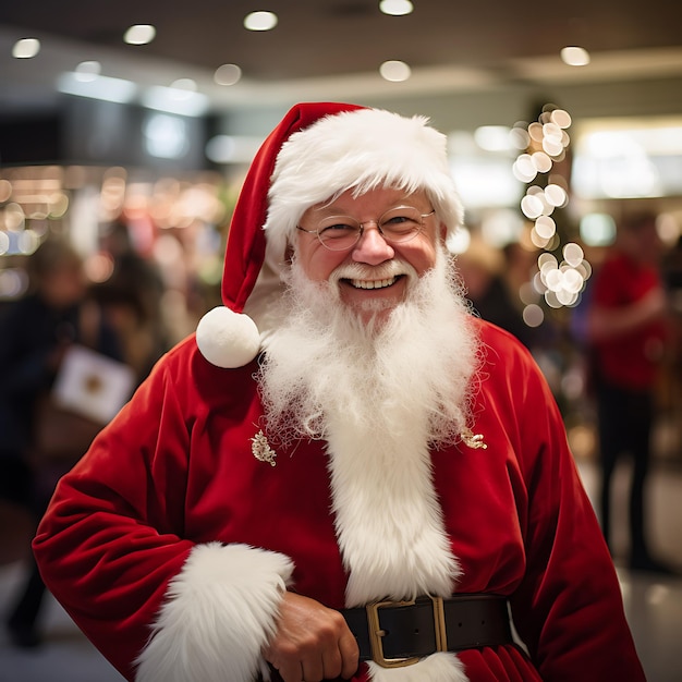 volle Figur glücklicher lächelnder Weihnachtsmann spät abends weihnachtsgeschäfte in einem skandinavischen Einkaufszentrum