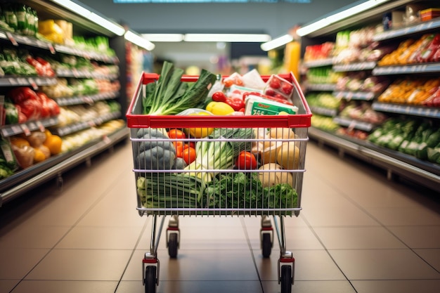 Voller Einkaufswagen im Supermarktgang. Hohe Innenperspektive, horizontale Anordnung