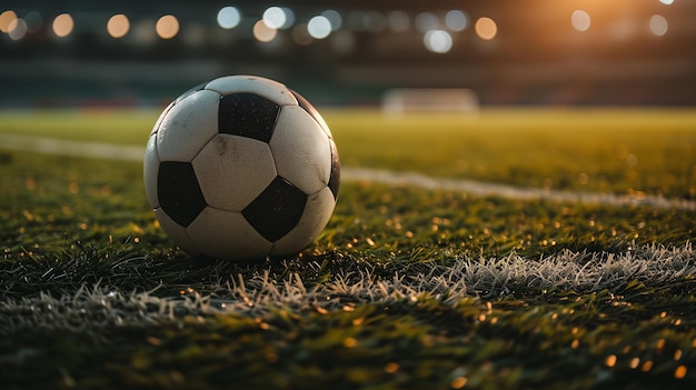 Volles Fußballstadion bei Sonnenaufgang Fußballball im Stadion Nahaufnahme Fußballspiel Fußball