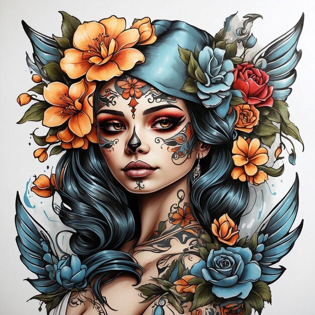 Foto vollfarbige illustration des chicano-mädchen-tattoo-stils