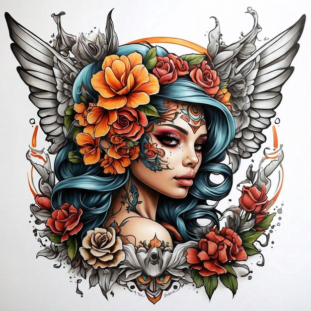 Vollfarbige Illustration des Chicano-Mädchen-Tattoo-Stils