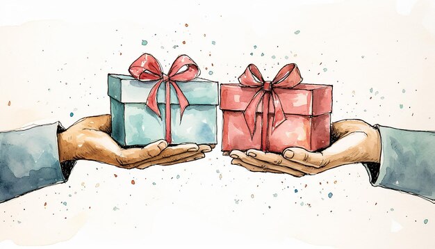Foto vollfarbige zeichnung eines paares hände, die ein geschenk tragen