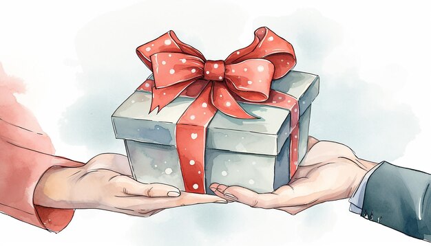 Foto vollfarbige zeichnung eines paares hände, die ein geschenk tragen