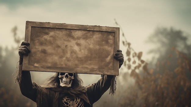 Vollformatbild mit Skelett, das ein leeres Holzschild auf einem Halloween-Friedhof mit Plakat hält