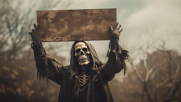 Vollformatbild mit Skelett, das ein leeres Holzschild auf einem Halloween-Friedhof mit Plakat hält