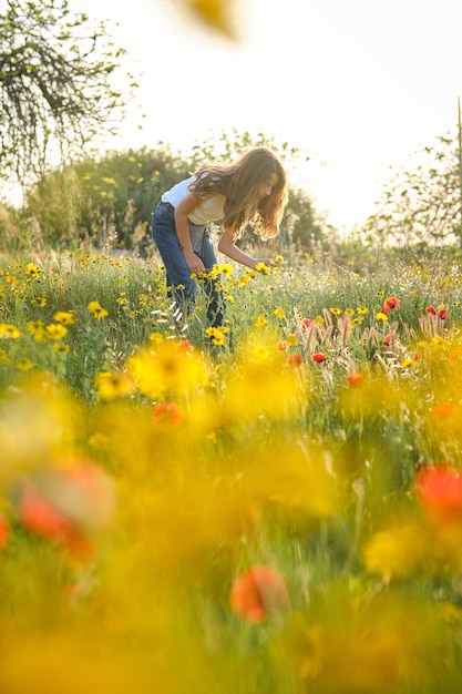 Vollkörperiges Mädchen in lässiger Kleidung pflückt frische Blumen auf einer grasigen Wiese an einem Sommertag