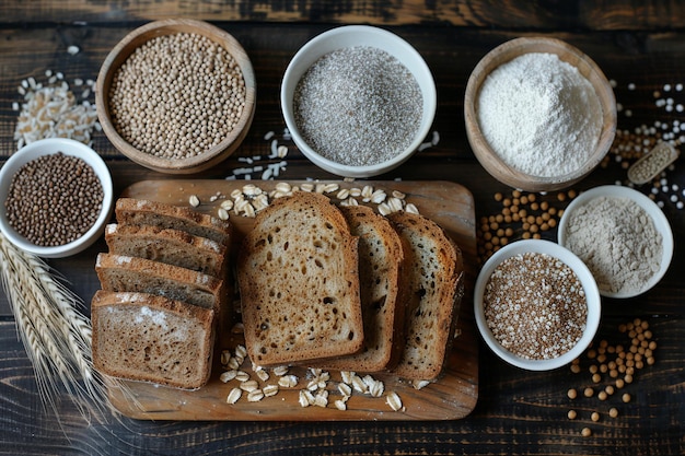 Vollkornbrot und verschiedene Getreidearten auf einem Holztisch mit künstlicher Intelligenz