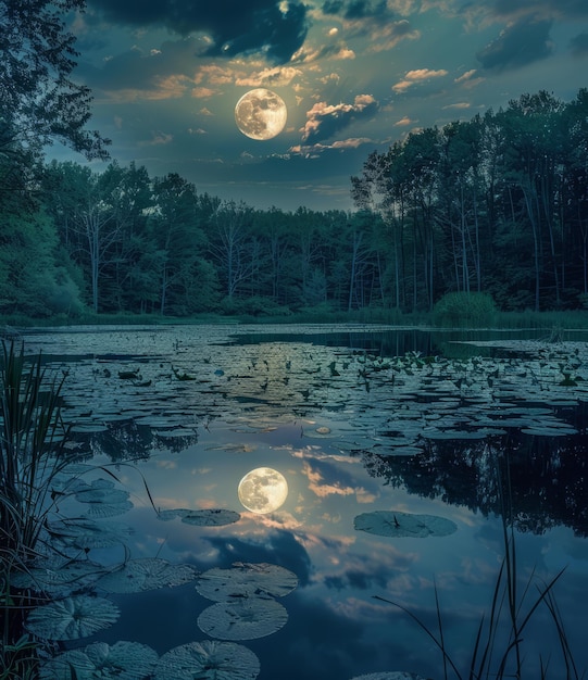 Vollmond, der über einem von Bäumen umgebenen See aufsteigt