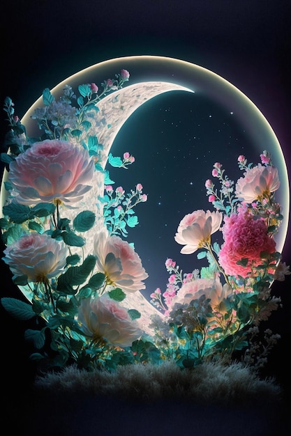 Vollmond mit Blumen im Vordergrund generative KI