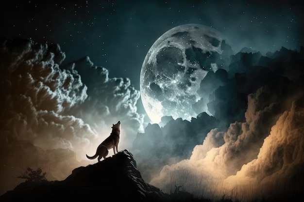 Vollmond mit Werwolf, der mitten im Sturm am Himmel heult