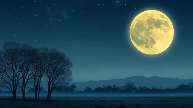 Foto vollmond steigt über einer dunklen landschaft mit bergen in der ferne, der mond ist von sternen umgeben und es gibt bäume im vordergrund.