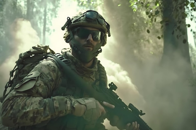 Vollständig ausgerüsteter Soldat in Tarnuniform, der aus einer Rauchwolke mitten in einem Kiefernwald auftaucht. Neuronales Netzwerk, erzeugt durch KI