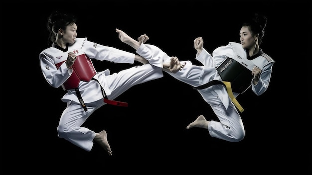 Vollständige Studioaufnahme von zwei Taekwondo-Athletinnen, die isoliert über schwarzem Hintergrund trainieren