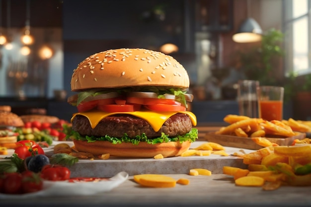 Vollständiger Burger ultra-realistisches Bild KI