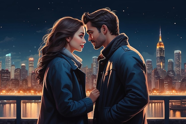 Vollständiges Profil eines romantischen Paares, das sich in die Augen schaut, gegen die Stadt in der Nacht am Valentinstag.