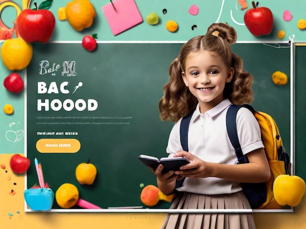 Volta para a Escola Website Template com realista madeira chalkboard mochila e papelaria em fundo amarelo ilustração vetorial para seus projetos de educação