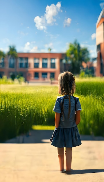 Voltando a menina com mochila olhando para o prédio da escola na rede neural do dia ensolarado de verão