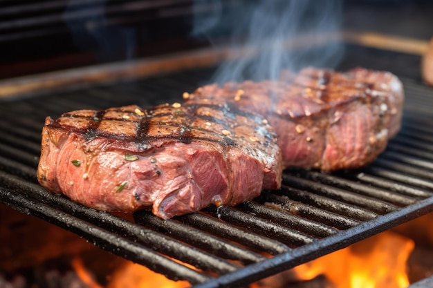 Voltear un bistec a la parrilla con marcas de parrilla que muestran una cocción a medio cocer