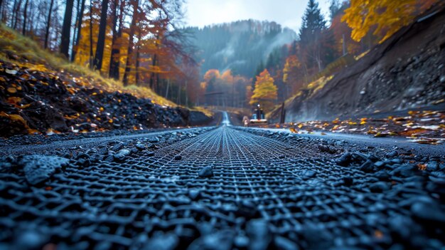 Volumen de la red geográfica en la base de una carretera peatonal construcciones viarias y refuerzos cubiertos con grava fina Tecnologías modernas para la construcción de carreteras y el refuerzo de colinas