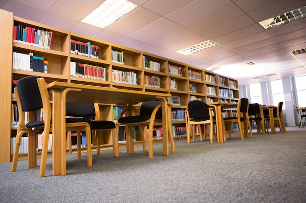 Volúmenes de libros en la estantería de la biblioteca