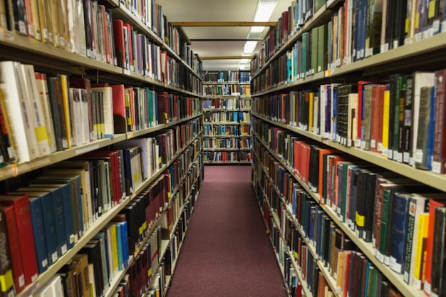 Volúmenes de libros en la estantería de la biblioteca