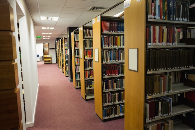 Volúmenes de libros en la estantería de la biblioteca