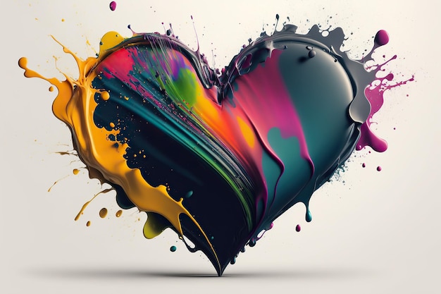 Volumetrisches Herz aus farbigen Farben mit Spritzern auf weißem Hintergrund Generative KI