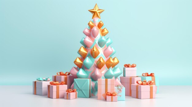 voluminöser Weihnachtsbaum mit bunten Geschenken in hellrosa und hellorange organischen und geometrischen Formen