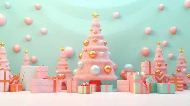 voluminöser Weihnachtsbaum mit bunten Geschenken in hellrosa und hellorange organischen und geometrischen Formen